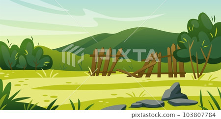 Cartoon backyard. Sky and nature meadow. Wooden fence. Lawn flowers. Trees and bushes. Natural field and green mountain. Summer countryside panorama banner. Vector landscape background 103807784