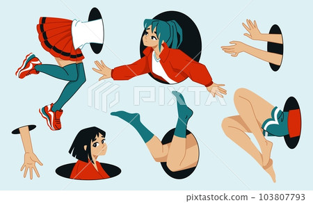 Human poses. Abstract arm and foot in hole. Fashion fitness woman or cute girl beauty. Sport exercise silhouettes. Separated body parts. Divided woman. Vector design illustrations set 103807793