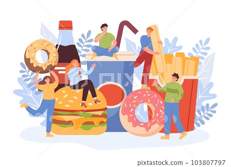 People and fast food, burger and french fries, cold soda beverage. Fat characters drink and eat tasty fastfood meal, delicious sweet donuts. Tiny men and women. Vector cartoon flat illustration People and fast food, burger and french fries, cold soda beverage. Fat characters drink and eat tasty fastfood meal, delicious sweet donuts. Tiny men and women. Vector cartoon flat illustration 103807797
