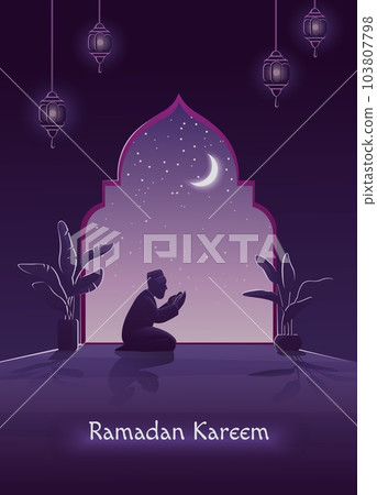 Ramadan Kareem pray. Eid Mubarak, Muslim Islam prayer, man in night, iftar fasting at home, window arch and traditional lantern. Arab religion holidays. Banner or card. Vector illustration 103807798