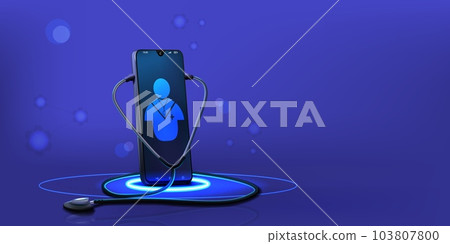 Health care smartphone application. Online digital healthcare. Doctors consultation. Phone app. Tele call with stethoscope in medical clinic. Medicine web service vector background 103807800