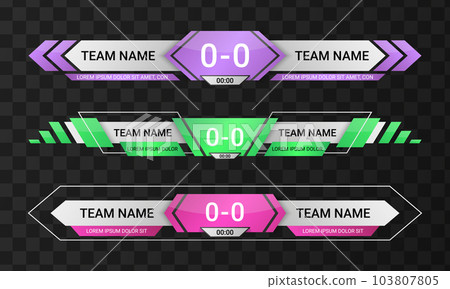 Lower third bar. Soccer match title. Basketball vs sport scoreboard. Game score template. Goals statistic. Playing time and athletic team name. Vector tournament display layouts set 103807805