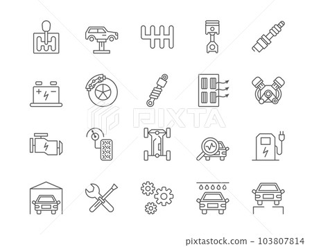Car service. Mechanic garage icons. Vehicle care or repair. Auto workshop. Motor replacement. Gear and wrench. Automobile brake. Transport wash and charge logo. Vector pictograms set 103807814