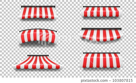 3d awning. Store roof or window canopy, red and white striped textile, food shop, farmers market or cafe tent. Building exterior isolated elements different forms. Vector realistic icon 103807815