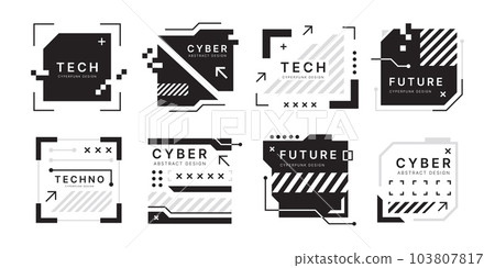 Tech elements. Abstract square shapes. Modern frame box. Cyber glitch future title. Monochrome silhouette HUD borders. Panel display. Digital screens set. Vector cyberpunk design background Tech elements. Abstract square shapes. Modern frame box. Cyber glitch future title. Monochrome silhouette HUD borders. Panel display. Digital screens set. Vector cyberpunk design background 103807817