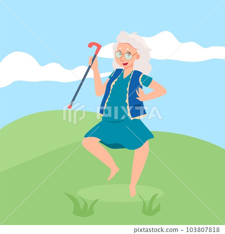 Funny happy senior female. Elderly woman walking in meadow. Grandmother with cane. Grandparent standing on grass lawn. Granny relaxing in nature. Outdoor leisure. Vector illustration Funny happy senior female. Elderly woman walking in meadow. Grandmother with cane. Grandparent standing on grass lawn. Granny relaxing in nature. Outdoor leisure. Vector illustration 103807818