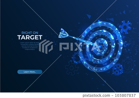 Target goal. Digital technology, blue arrow wireframe, data competition, hit strategy, bullseye, polygonal lines, darts game. Career achievement symbol, vector targeting concept, banner background Target goal. Digital technology, blue arrow wireframe, data competition, hit strategy, bullseye, polygonal lines, darts game. Career achievement symbol, vector targeting concept, banner background 103807837