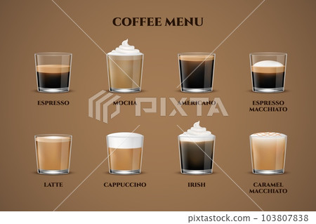 Coffee menu. Espresso in transparent glass cup, cappuccino and latte shot, americano, aroma mocha with ice milk. Cafe or restaurant foam cold and hot drinks. Vector realistic isolated 3d set Coffee menu. Espresso in transparent glass cup, cappuccino and latte shot, americano, aroma mocha with ice milk. Cafe or restaurant foam cold and hot drinks. Vector realistic isolated 3d set 103807838