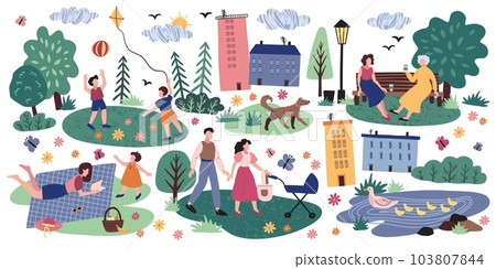 Family walk in park. Picnic on field. Kid with kite. Mom sitting on bench. Flowers or trees. Forest nature. Summer or spring art. Hand drawing elements set. Vector cartoon illustration 103807844
