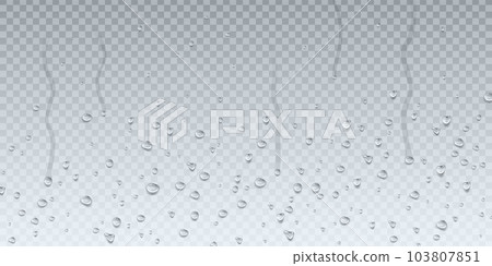 Water glass. Cold window texture, drink or steam in shower, wet dew, moisture vapor with splash or bubbles or condensate. Raindrops on transparent backdrop. Vector realistic background 103807851