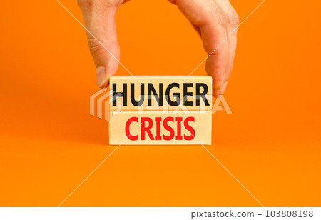 Hunger crisis symbol. Concept words Hunger crisis on wooden blocks on a beautiful orange table orange background. Businessman hand. Business, support and Hunger crisis concept. Copy space. 103808198
