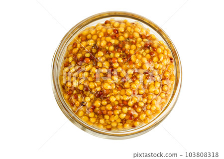 Bowl with french mustard isolated on white background with full depth of field. Top view. Flat lay. Bowl with french mustard isolated on white background with full depth of field. Top view. Flat lay. 103808318