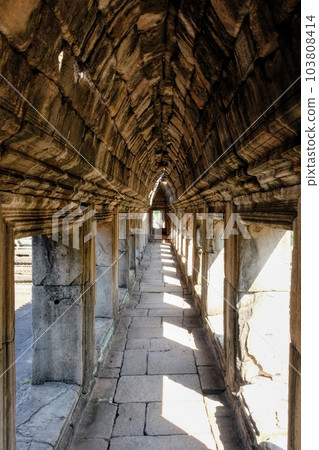 An architectural close-up of an ancient corridor with a stone vaulted ceiling. 103808414