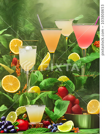 Neon jungle with cocktails fruit and shadows. Neon jungle with cocktails fruit and shadows. 103808653