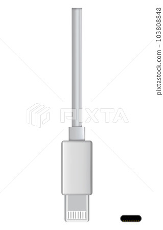 Usb cable connector, lightning. Realistic vector of phone jack for cabling in white color. Cable for charging or transmitting information for modern electronic devices Usb cable connector, lightning. Realistic vector of phone jack for cabling in white color. Cable for charging or transmitting information for modern electronic devices 103808848