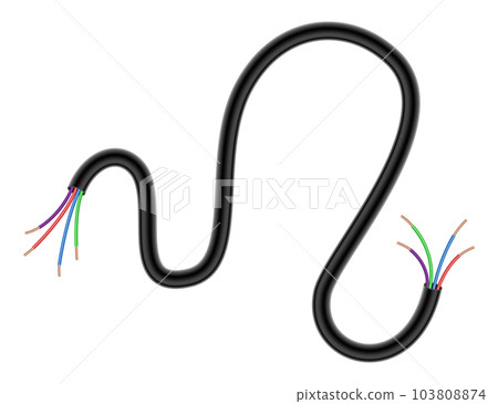Broken electrical copper wire or cord. Damaged electric power cable. Torn wire with bare wire. Danger electric problem. Color electricity cable. Vector illustration isolated on white background Broken electrical copper wire or cord. Damaged electric power cable. Torn wire with bare wire. Danger electric problem. Color electricity cable. Vector illustration isolated on white background 103808874
