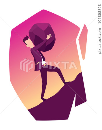 Businessman with boulder vector illustration. Stressed mans carry heavy stone in hands overwhelmed with problem or task. Crisis problem of business people, burden, challenge, conquering concept 103808898