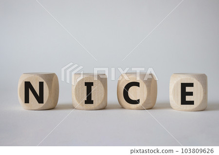Nice symbol. Concept word Nice on wooden cubes. Beautiful white background. Business and Nice concept. Copy space. Nice symbol. Concept word Nice on wooden cubes. Beautiful white background. Business and Nice concept. Copy space. 103809626