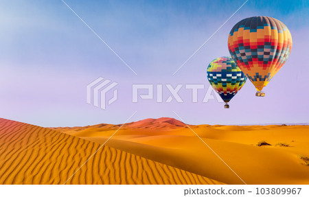 Desert and hot air balloon Landscape at Sunrise. Travel, inspiration, success, dream, flight concept 103809967
