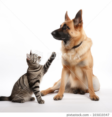 Cat stretches its paw to dog, cat gives paw to dog, friendship of cat and dog, on white background close-up, 103810347