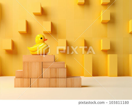 abstract background. plastic duck on wooden cubes on yellow background. ai abstract background. plastic duck on wooden cubes on yellow background. ai 103811180