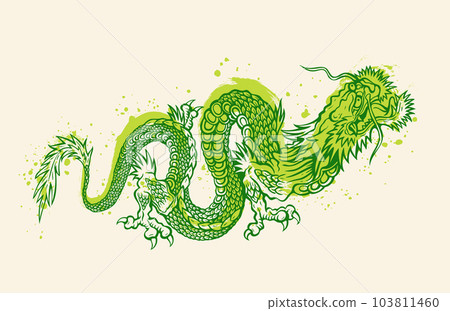 Vector illustration of a green Chinese dragon. Tattoo of green dragon in asian style. Chinese new year 2024. 103811460