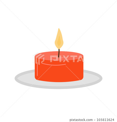 Flat illustration of typical scented wax candle isolated on white. Home design, interior, light..concept. Small red candle. Vector. Flat illustration of typical scented wax candle isolated on white. Home design, interior, light..concept. Small red candle. Vector. 103811624