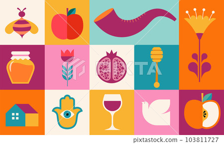 Rosh Hashanah background, banner, geometric style. Shana Tova, Happy Jewish New Year, concept design Rosh Hashanah background, banner, geometric style. Shana Tova, Happy Jewish New Year, concept design 103811727