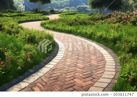 Clinker brick path to the house, landscaping. Generative AI 103811747