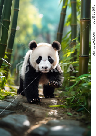 Giant panda cub walking in bamboo forest Giant panda cub walking in bamboo forest 103813699