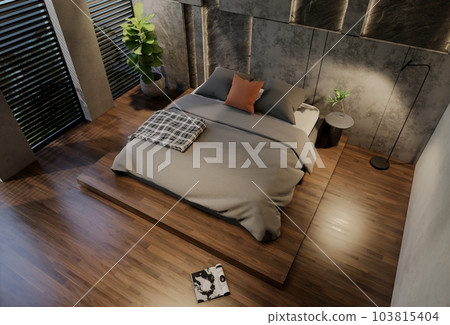 Modern bedroom interior design contemporary, with natural tones on the room, walls, floor and ceiling. rendering illustration 103815404