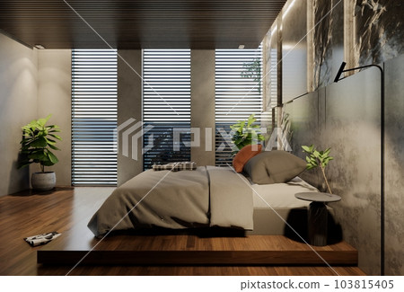 Modern bedroom interior design contemporary, with natural tones on the room, walls, floor and ceiling. rendering illustration 103815405