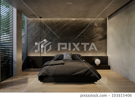 Modern bedroom interior design contemporary, with natural tones on the room, walls, floor and ceiling. rendering illustration 103815406