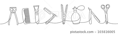 Barber shop tools one line continuous drawing. Clipper, comb, razor blade, straightener, perfume sprayer, scissors continuous one line illustration. Barber shop tools one line continuous drawing. Clipper, comb, razor blade, straightener, perfume sprayer, scissors continuous one line illustration. 103816005