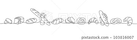 Set of breads one line continuous drawing. Wheat bread, pretzel, ciabatta, croissant, braided bread, french baguette continuous one line illustration. Set of breads one line continuous drawing. Wheat bread, pretzel, ciabatta, croissant, braided bread, french baguette continuous one line illustration. 103816007