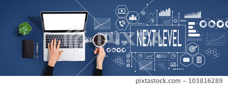 Next level concept with person using laptop computer Next level concept with person using laptop computer 103816289