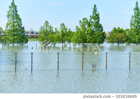 Retention pond in Yoshikawa city, Saitama prefecture after heavy rain on June 2, 2023 Retention pond in Yoshikawa city, Saitama prefecture after heavy rain on June 2, 2023 103816689