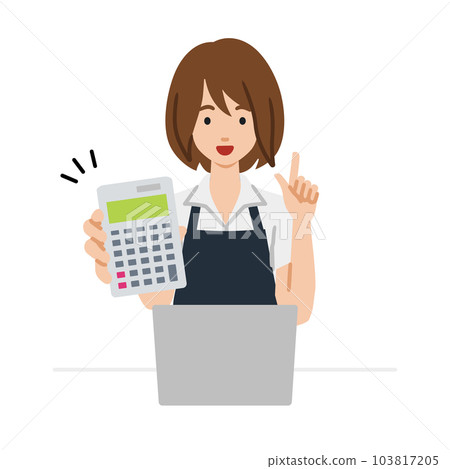 A female clerk wearing an apron sits at her desk, opens her laptop, holds a calculator, and shows it to me A female clerk wearing an apron sits at her desk, opens her laptop, holds a calculator, and shows it to me 103817205