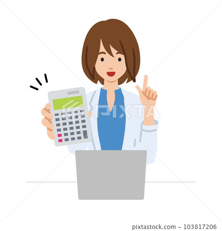 A woman in a jacket sitting at her desk, opening her laptop, holding a calculator, and showing it to us 103817206