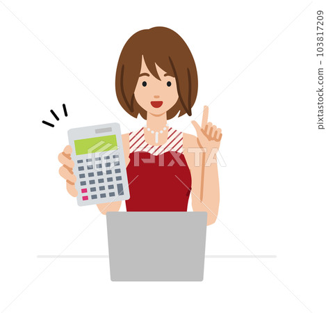 一位穿著裙子的女士坐在她的辦公桌前,打開她的筆記本電腦,拿著一個計算器,並向我們展示 一位穿著裙子的女士坐在她的辦公桌前,打開她的筆記本電腦,拿著一個計算器,並向我們展示 103817209