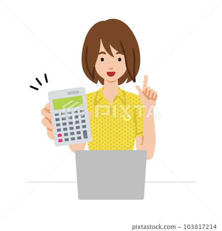 A woman in a polo shirt sitting at her desk with her laptop open, holding a calculator and showing it to me A woman in a polo shirt sitting at her desk with her laptop open, holding a calculator and showing it to me 103817214
