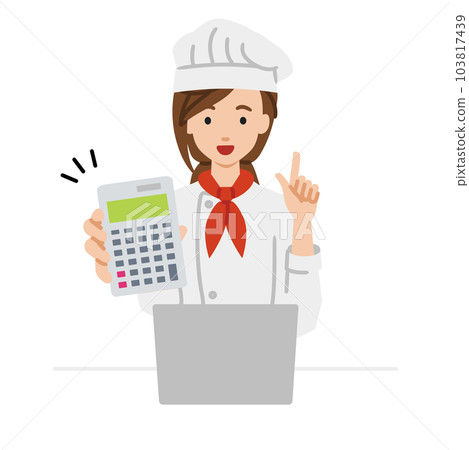 A female cook sitting at her desk, opening her laptop, holding a calculator, and showing it to us A female cook sitting at her desk, opening her laptop, holding a calculator, and showing it to us 103817439