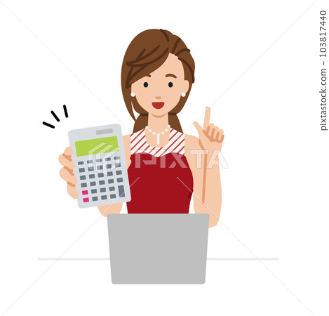 A woman in a dress sitting at her desk, opening her laptop, holding a calculator, and showing it to us 103817440