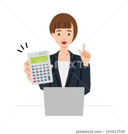 一個穿西裝的女人坐在她的辦公桌前，打開她的筆記本電腦，拿著一個計算器，給我看 103817500