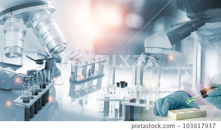 Double exposure microscope and Young woman scientific using equipment in the laboratory for research.Biotechnology,development,chemical,vaccine, Photo concept experimentation and research. 103817937