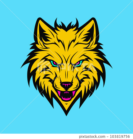 Yellow wolf head illustration on blue background Yellow wolf head illustration on blue background 103819756