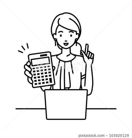 A casual office woman sitting at her desk, opening her laptop, holding a calculator, and showing it to me A casual office woman sitting at her desk, opening her laptop, holding a calculator, and showing it to me 103820129