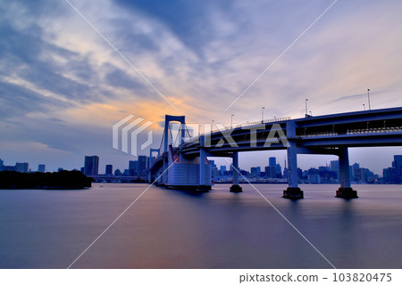 Evening view of Rainbow Bridge seen from Daiba Park Long second exposure 103820475