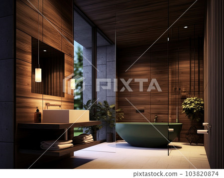 Realistic interior design bathroom with bathtub. modern minimal design. Generative AI Realistic interior design bathroom with bathtub. modern minimal design. Generative AI 103820874