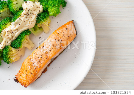 grilled salmon fillet steak with broccoli grilled salmon fillet steak with broccoli 103821854